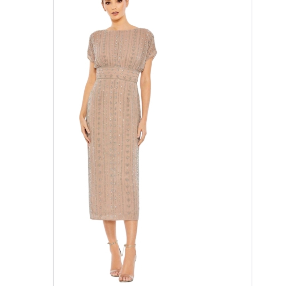 Mac Duggal Beige Embellished Midi Dress